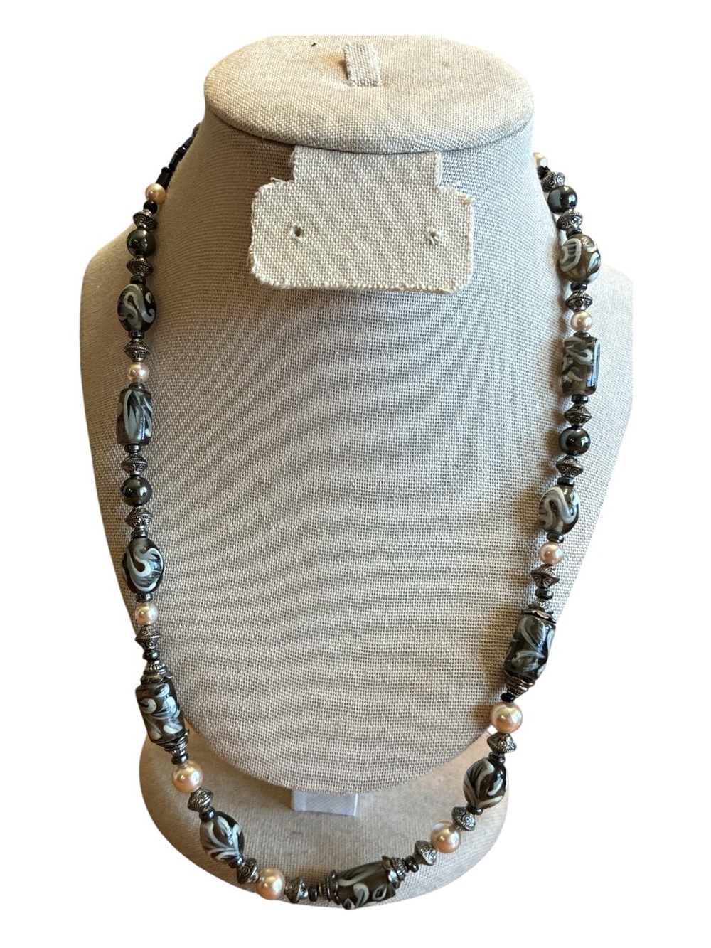 Handcrafted Black and White Swirl Glass Bead Necklace